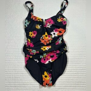 Anne Cole Black and Pink Floral One Piece Swimsuit. Size 10. Like New Condition.